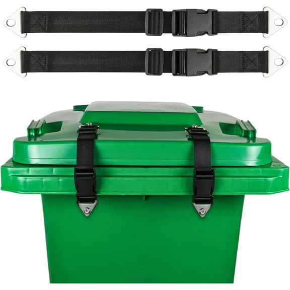 SONGAUN Wheelie Bin Locks - Metal Double Claw Trash Can Lock | 2pcs Adjustable Elastic Lid Straps | Garbage Can Lid Lock with Fixed Hooks
