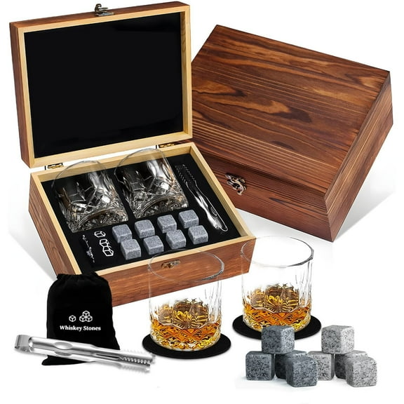 SONGAUN Whiskey Glass Gift Set, Whisky Gift Set, 8 Reusable Whiskey Chilling Stones, 2 Glasses, Handmade Wooden Box, Whiskey Glasses Set of 2, Gift for Men, Dad, Husband, Birthdays, Whiskey Lovers
