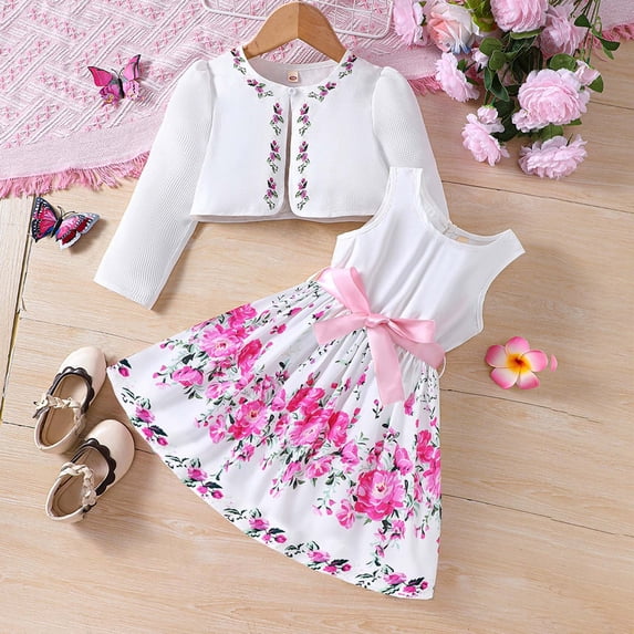SONGGE Girls Floral Dress Set Spring Summer Outfit Sets Toddler Two Piece Outfit Sets With Cardigan And Floral Print Dress Back To School Trendy Clothes Sets