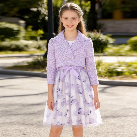 SONGGE Girls Floral Print Dress With Sheer Overlay And Jacket Summer Style Outfit Sets Toddlers Kids Back To School Relaxed Fit Clothes Sets