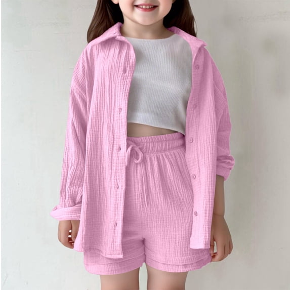 SONGGE Girls Outfit Sets Casual Summer Fall Outfit Sets Shirt Shorts Set For Kids Toddler Girls Comfortable Solid Color Loose Fit Daily School Playground Back To School Trendy Clothing Sets