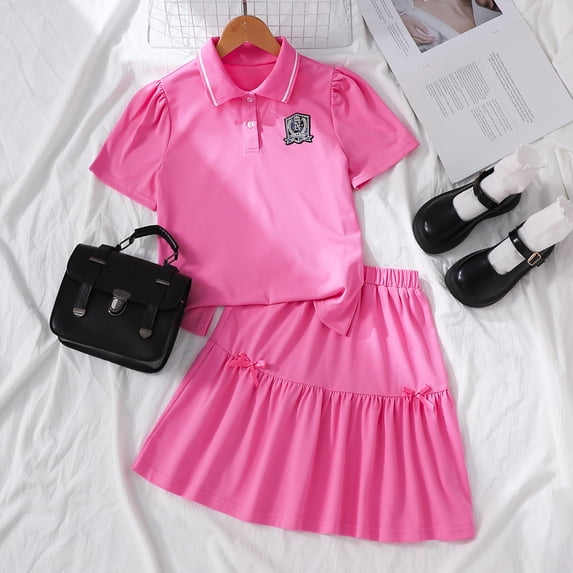 SONGGE Girls School Style Outfit Sets Short Sleeve Shirt With Plaid Pleated Skirt Two Piece Coordinated Toddler Kid Cartoon Birthday Clothes Sets