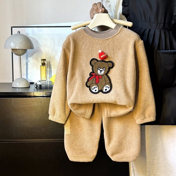 SONGGE Girls Set Winter Thermal Tops Pants Kids Loungewear Outfit Sets Cozy Flannel Lapel Toddler Children With Grip Socks Long Sleeve Stylish Clothes Sets
