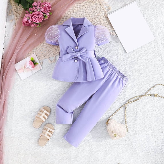 SONGGE Stylish Girls Two Piece Outfit Sets Fashion Sleeve Blouse With Mesh Sheer And Tailored Long Pants Toddlers Kids Cartoon Cute Clothes Sets