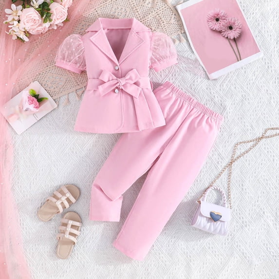 SONGGE Stylish Girls Two Piece Outfit Sets Fashion Sleeve Blouse With Mesh Sheer And Tailored Long Pants Toddlers Kids Cartoon Stylish Clothes Sets