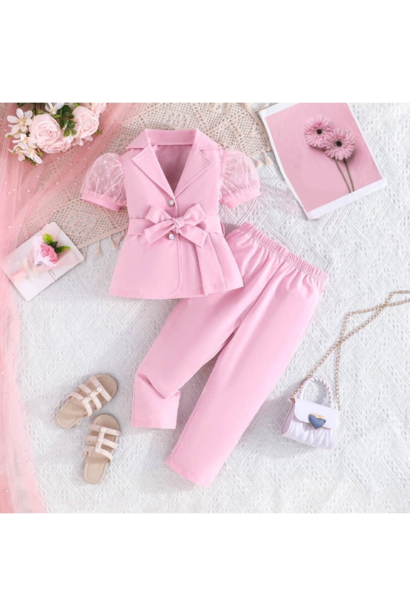 Stylish Girls Two Piece Outfit Sets Fashion Sleeve Blouse With Mesh Sheer And Tailored Long Pants Toddlers Kids Cartoon Stylish Clothes Sets