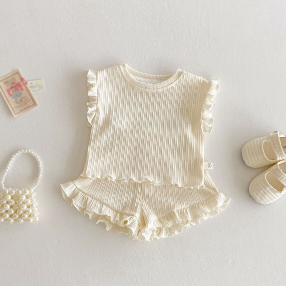 SONGGE Summer Girls Outfit Sets 2 Piece Stretchy Solid Color Tank Tops With Ruffle Trim And Elastic Waist Shorts Toddler Casual Playwear Back To School Boho Clothing Sets