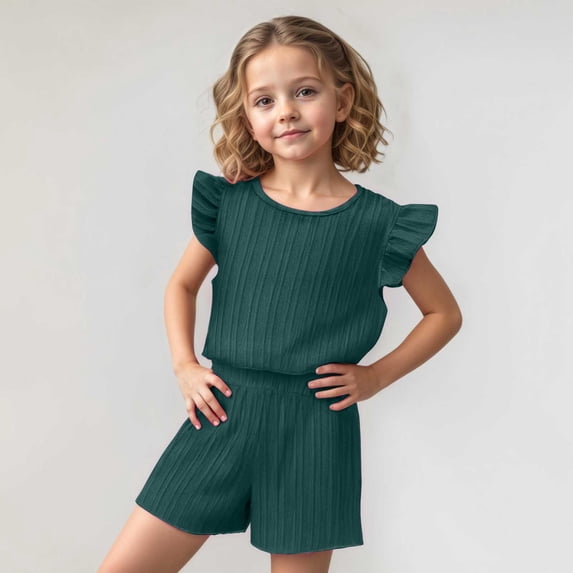 SONGGE Summer Toddler Girls Fly Sleeve Solid Color T Shirt Tops Shorts Outfit Sets O-Neck Boho Clothes Sets