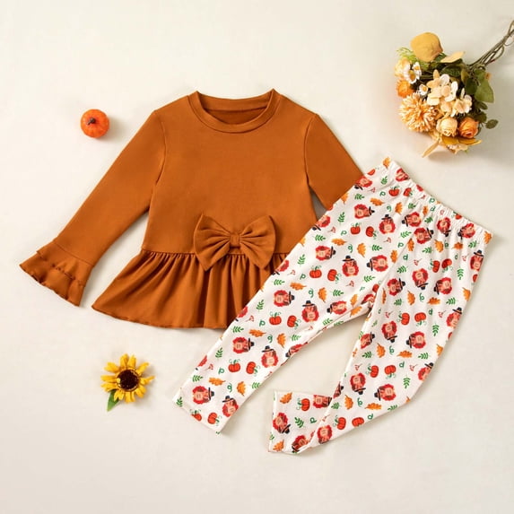 SONGGE Thanksgiving Baby Girl Outfit Sets 2 Piece Long Sleeve Tops And Pants Toddler Party Clothes Cute Holiday Outfit Sets For Girls Cartoon Fashionable Clothes Sets