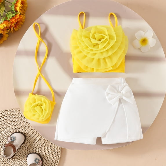 SONGGE Toddler Baby Girls Mesh Floral Sleeveless Tops + Split Shorts & Mini Purse Set 3Pcs Summer Beach Outfit Sets Cartoon Holiday Clothes Sets