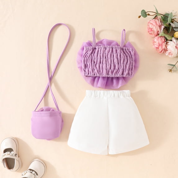 SONGGE Toddler Baby Girls Mesh Floral Sleeveless Tops + Split Shorts & Mini Purse Set 3Pcs Summer Beach Outfit Sets Cartoon Trendy Clothes Sets