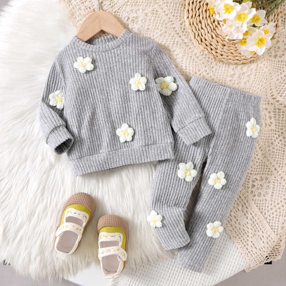 SONGGE Toddler Girls Casual Knitted Set With Flower Pattern Long Sleeve Tops And Pants Two Piece Outfit Sets Cartoon Stylish Clothing Sets
