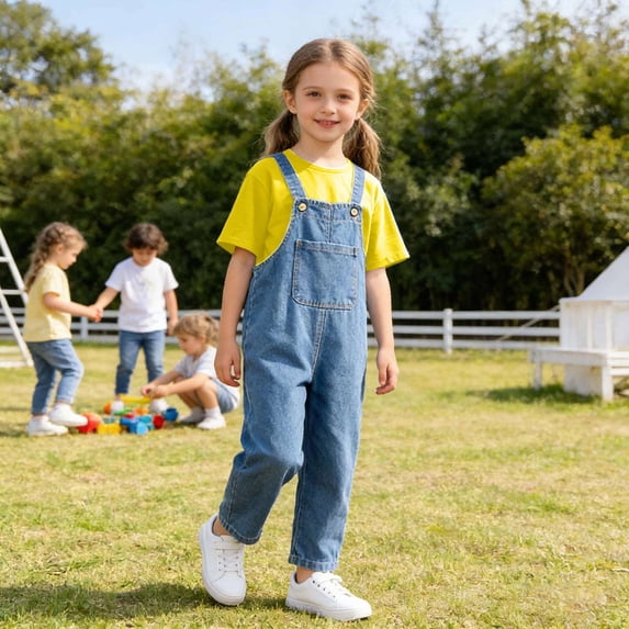 SONGGE Toddler Girls Denim Overalls Casual Loose Fit Jumpsuit With Tops Outfit Sets For Baby Solid Color Lovely Clothing Sets