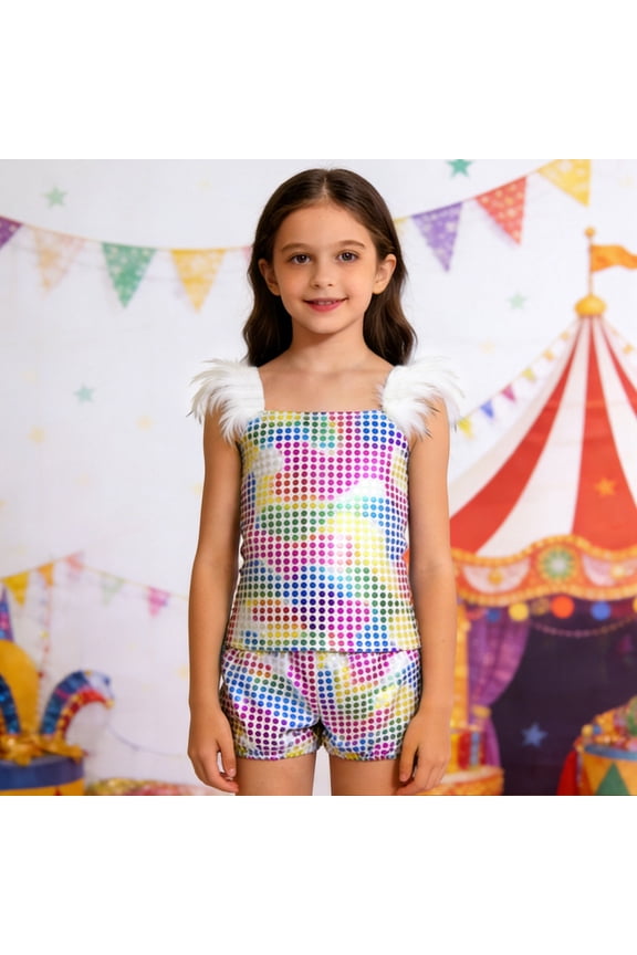 Toddler Girls Glam Performance Outfit Sets Square Collar Sequin Sleeveless Tops And Shorts For Stage Show Party Cartoon Birthday Clothes Sets