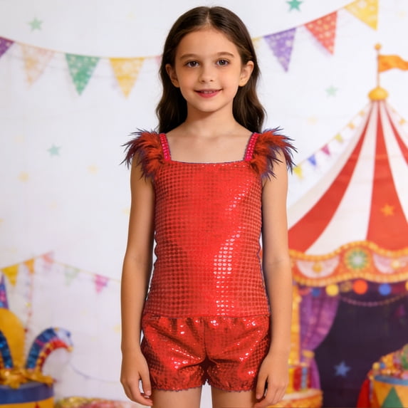 SONGGE Toddler Girls Glam Performance Outfit Sets Square Collar Sequin Sleeveless Tops And Shorts For Stage Show Party Cartoon Classic Clothes Sets