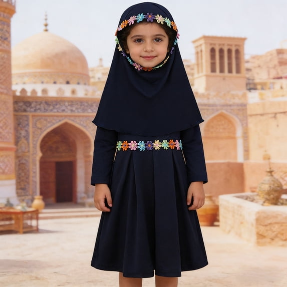 SONGGE Toddler Girls Long Sleeve Abaya Dress And Scarf Outfit Sets For Baby Kids Cartoon Comfort Clothing Sets