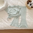 thumbnail image 1 of SONGGE Toddler Girls Summer Outfit Sets Elastic Solid Color O-Neck Short Sleeve Tops With Flared Pants Soft Casual Two Piece Back To School Trendy Clothes Sets, 1 of 2