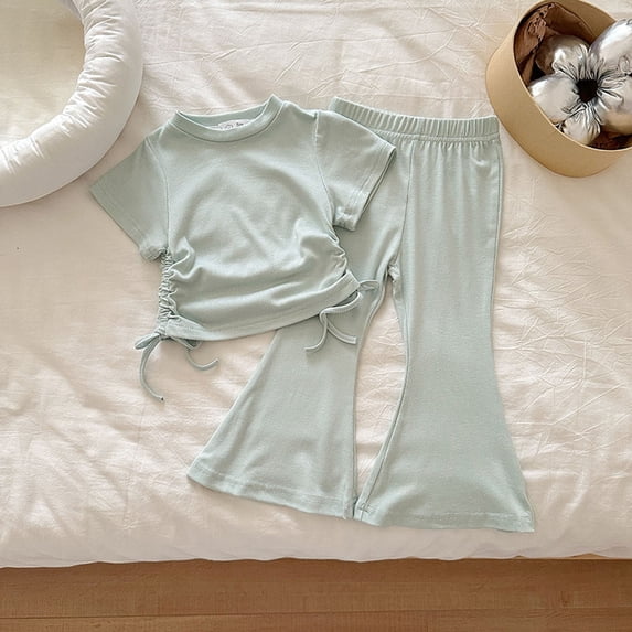 SONGGE Toddler Girls Summer Outfit Sets Elastic Solid Color O-Neck Short Sleeve Tops With Flared Pants Soft Casual Two Piece Back To School Trendy Clothes Sets