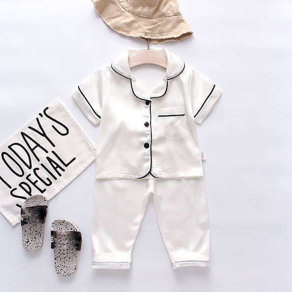 SONGGE Toddler Kids Baby Boys Girls Satin Button Down Short Sleeve Shirt Tops + Long Pants Silk Tops Pants Outfit Sets Loungewear Set O-Neck Cartoon Relaxed Fit Clothing Sets