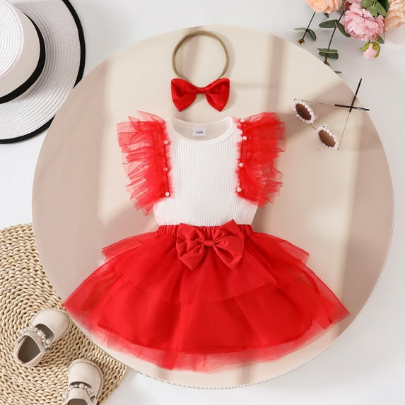 SONGGE Toddler Outfit Sets Girls Ruffles Ribbed O-Neck Romper Bodysuits Skirts Headbands Set Cartoon Versatile Clothes Sets