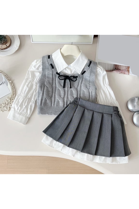 Toddler Outfit Sets Girls Spring Autumn School Style Half Length Skirt Woolen Jacket And Shirt Set Cartoon Cute Clothes Sets