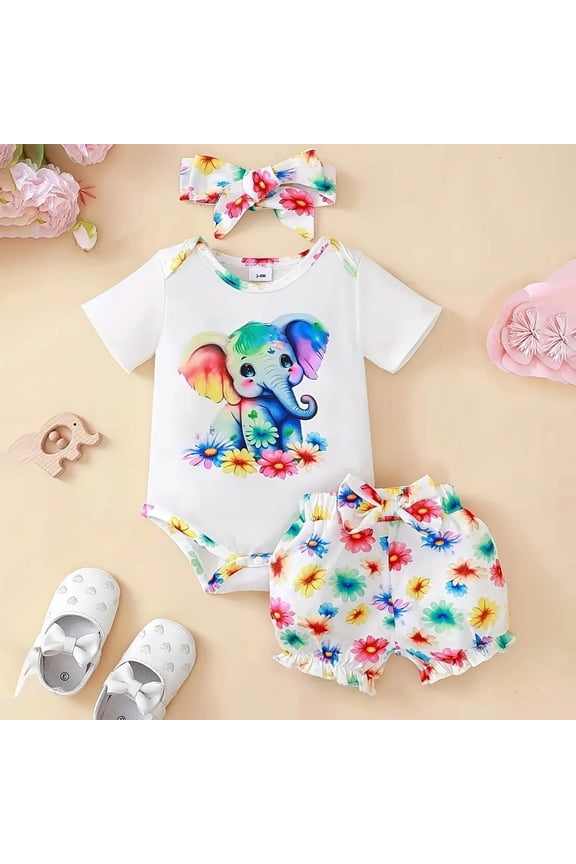 Toddler Tiny Cutey Baby Girl Clothes Summer Outfit Sets Ruffle Sleeve O-Neck Romper And Floral Shorts With Headband Cartoon Stylish Clothing Sets