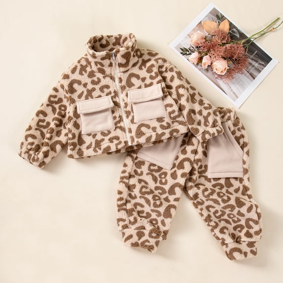 SONGGE Toddler Winter Girls Outfit Sets 2 Piece Thickened Thermal Leopard Print Tracksuit With Long Sleeve Zip Up Hoodie And Pants For Cold Weather Back To School Breathable Clothing Sets