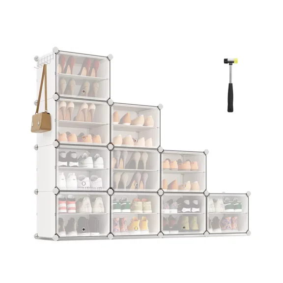 SONGMICS 10-Cube Shoe Rack with Doors, White Plastic Storage Cabinet for 40 Pairs of Shoes, Steel Frame, Entryway & Bedroom Organizer