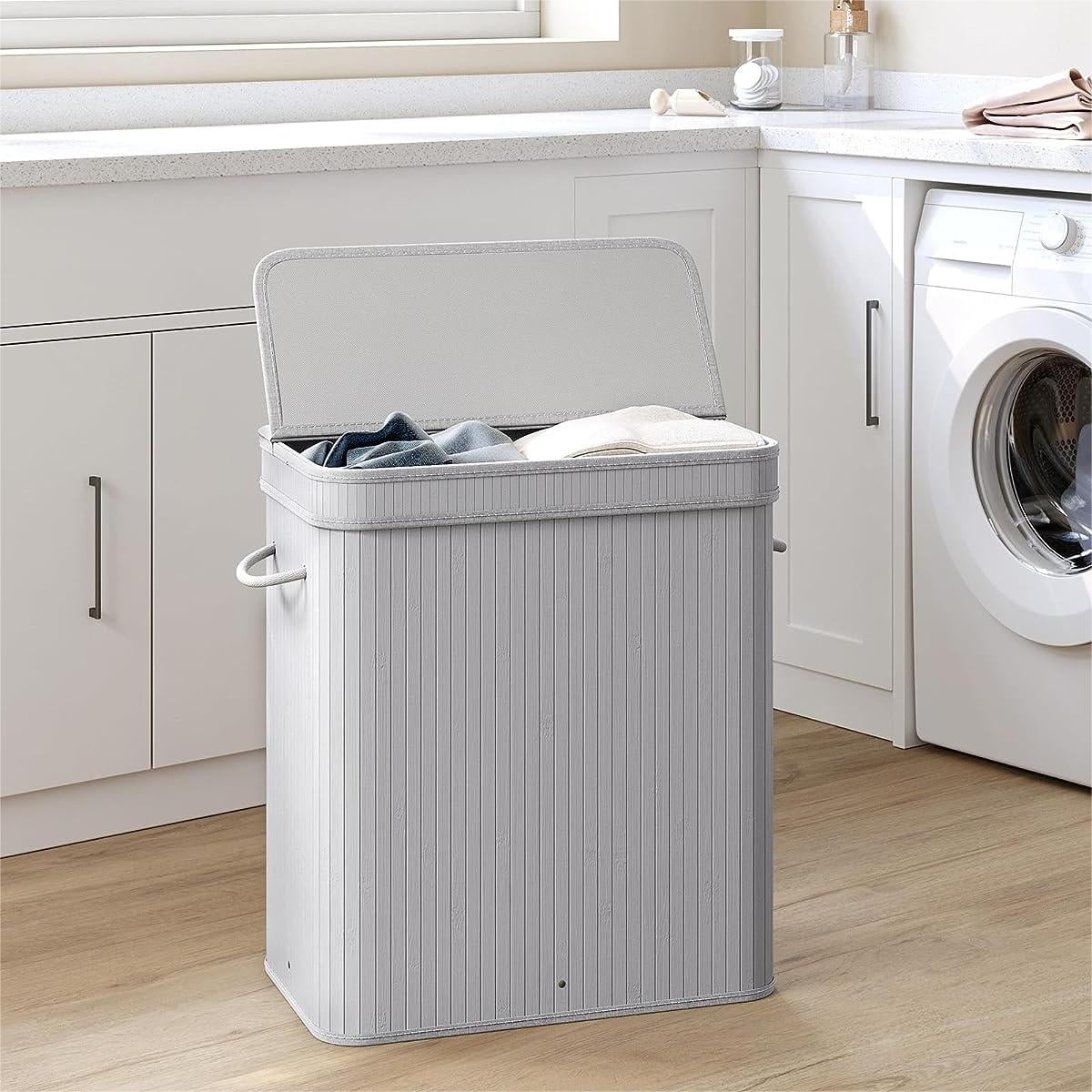 Laundry Hamper with Lid Bamboo Dirty Clothes Storage Basket with Rope  Handle and Removable Liner Rectangle Laundry Hamper Bin for Bathroom  Bedroom