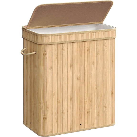 100L Laundry Hamper with Lid Bamboo Laundry Basket with Liner Bag Foldable Storage Hamper with Handles Natural