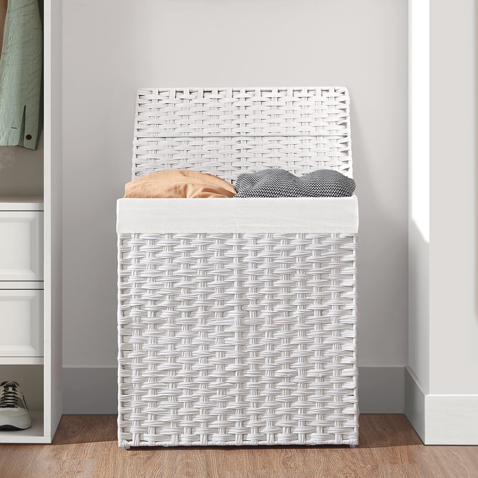 110L Slim Double Laundry Hamper With Lid & Wheels - 2 Section Rolling Dirty Clothes Basket With Removable Mesh Bags