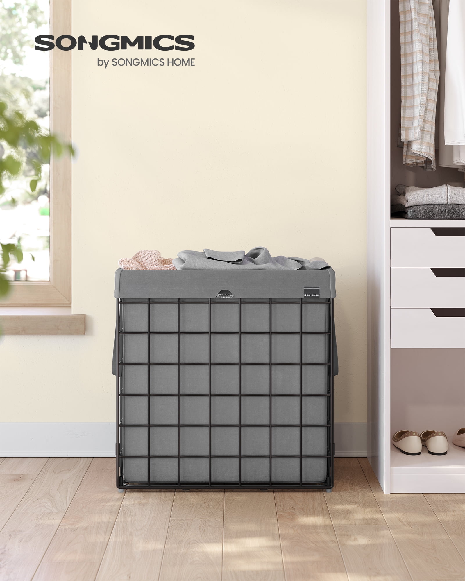 SONGMICS 29 Gal. (110L) Laundry Basket, Laundry Hamper, Collapsible Clothes Hamper, Removable and Washable Liner, Metal Wire Frame, for Bedroom Bathroom, Black and Gray