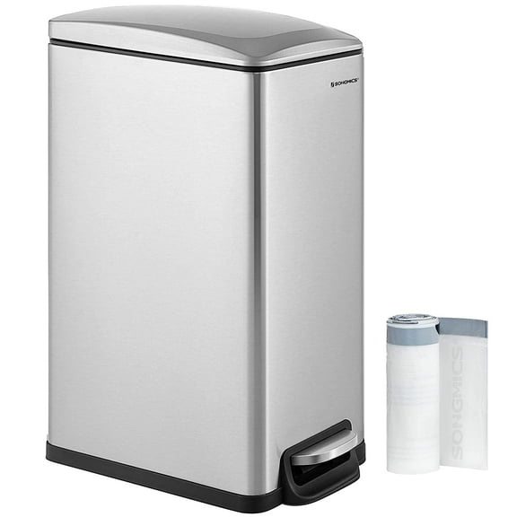 SONGMICS 12.7 Gallon Slim Trash Can, Garbage Can for Narrow Spaces with Soft-Close Lid, Silver
