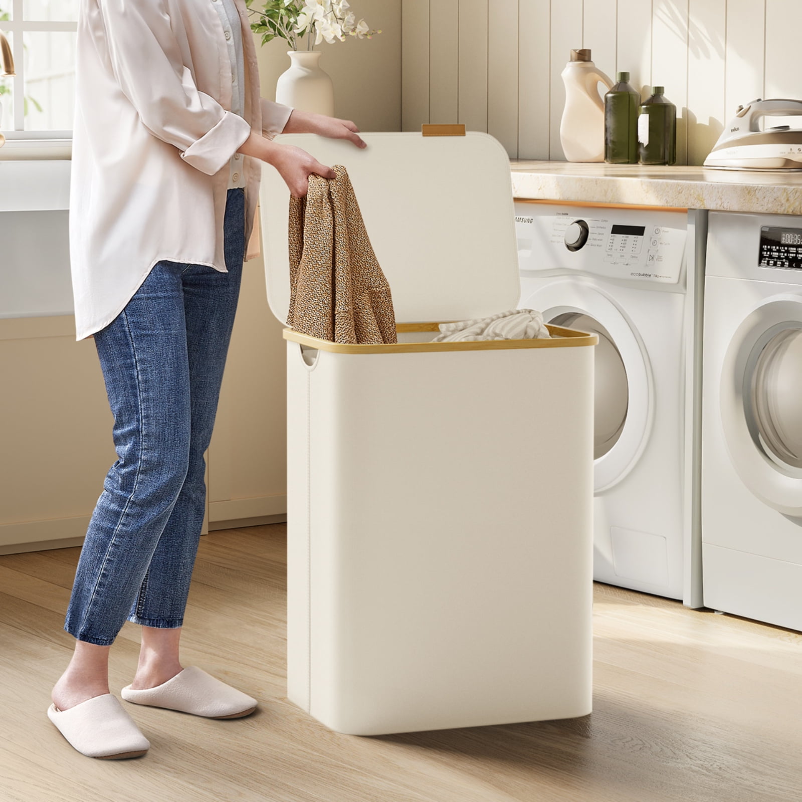 Cream White Collapsible 3-Section Laundry Hamper with Bamboo Lid