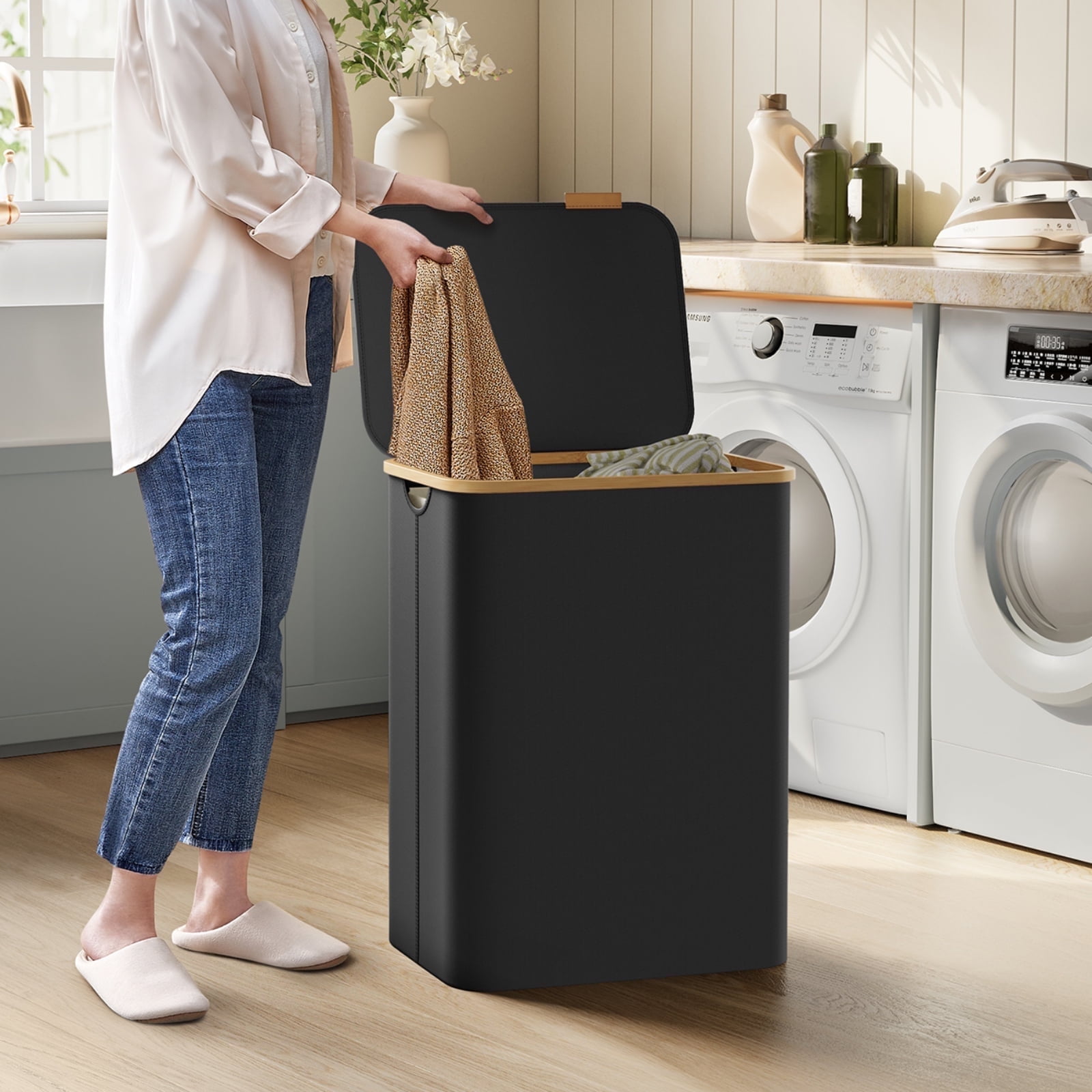 Ink Black Collapsible Bamboo Laundry Hamper with Lid