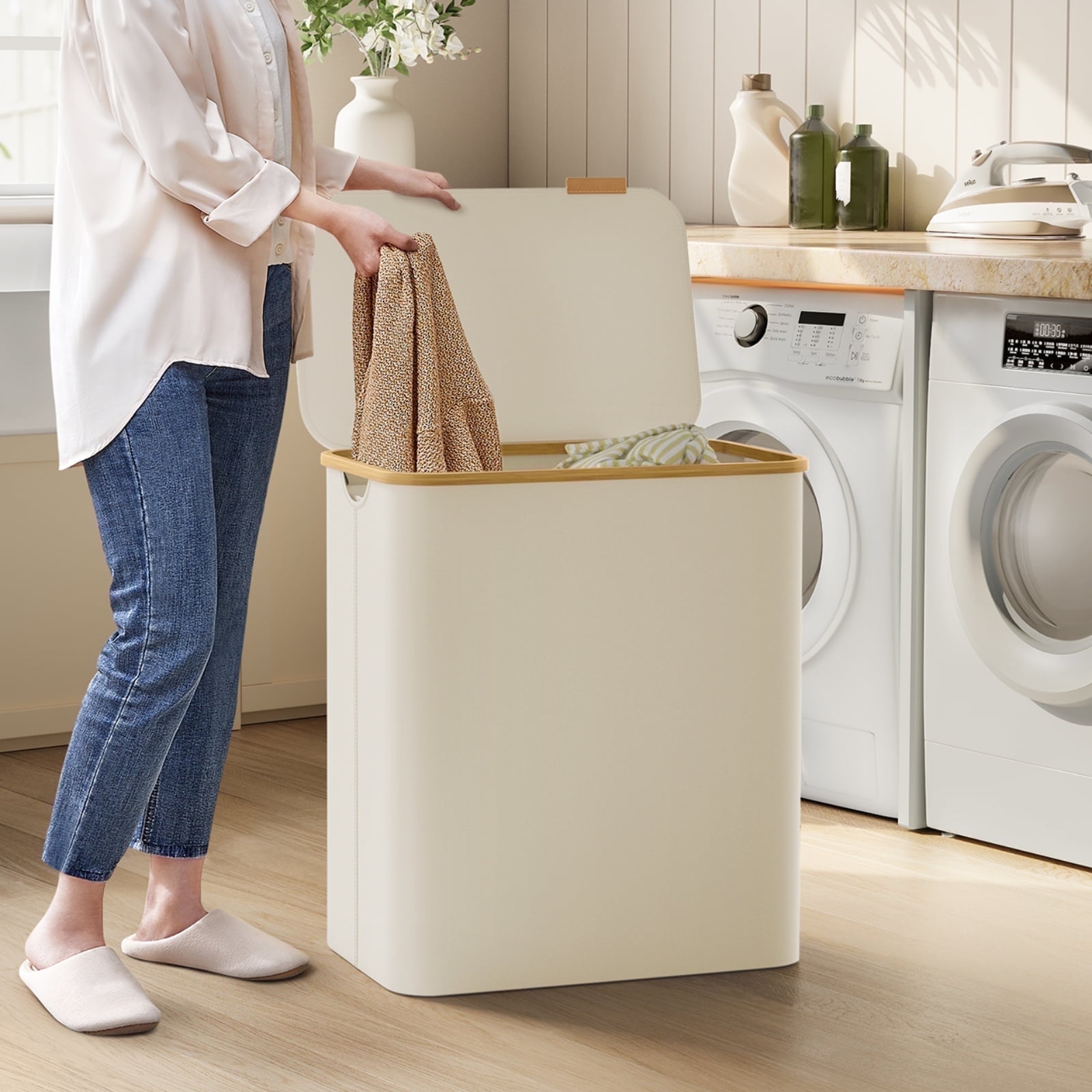 Cream White Collapsible 3-Section Laundry Hamper with Bamboo Lid