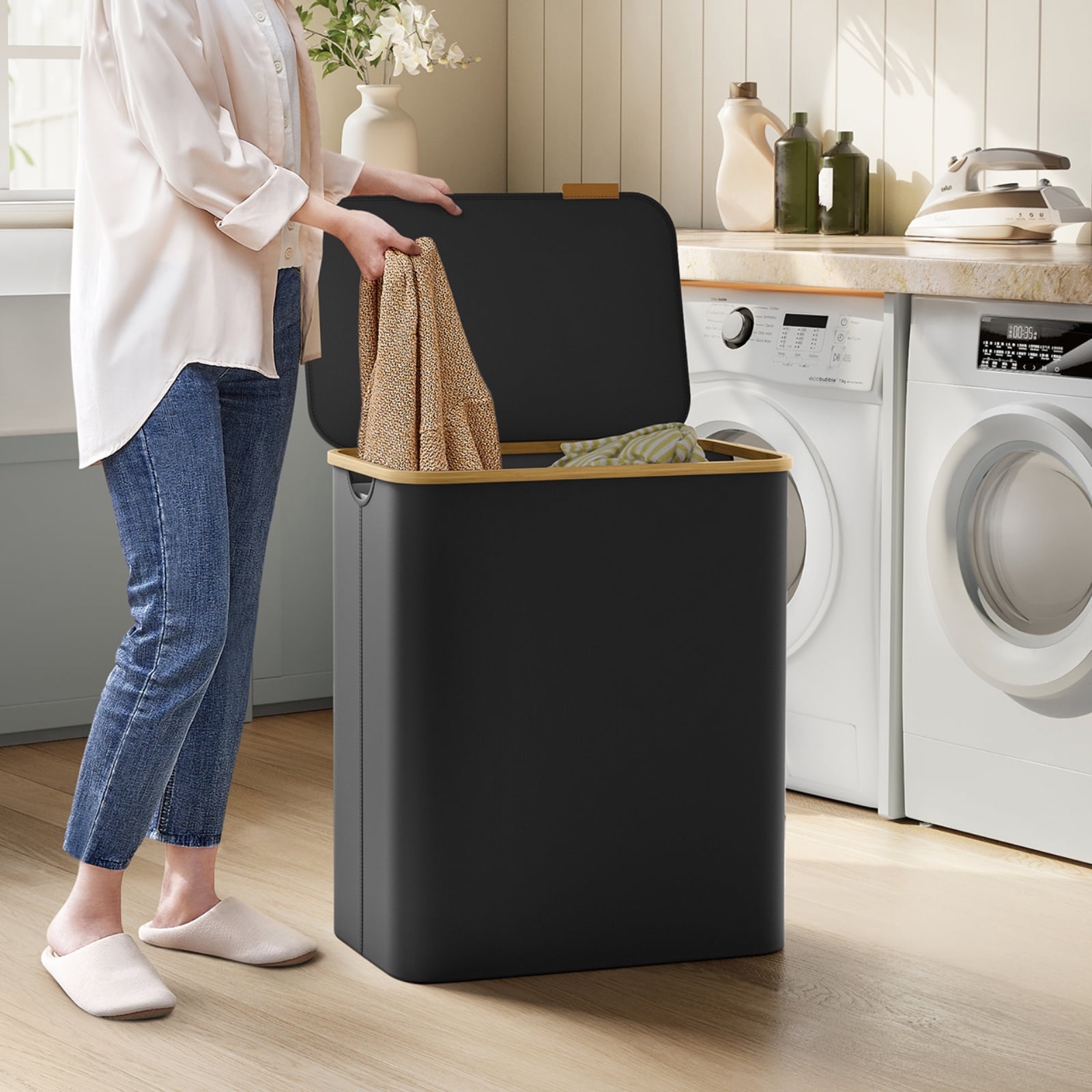 150L Ink Black Collapsible Laundry Hamper with Bamboo Lid