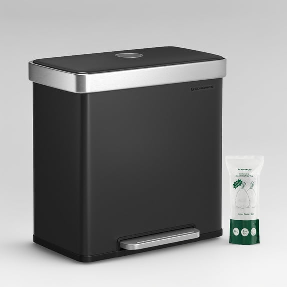 SONGMICS 16 Gallon (2 x 8 Gallon) Dual Compartment Garbage Can 60L Pedal Recycling Bin 15 Trash Bags Included Black