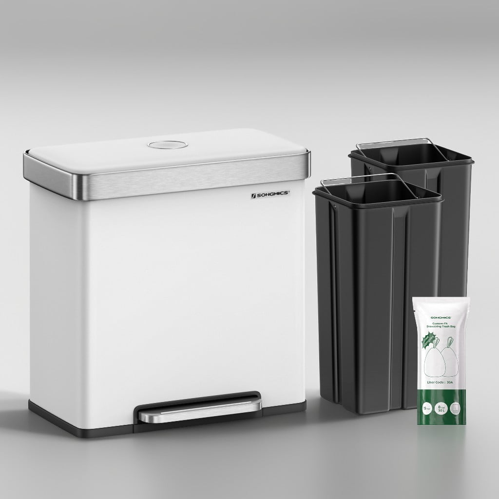 White Stainless Steel Dual Compartment Kitchen Pedal Trash Can