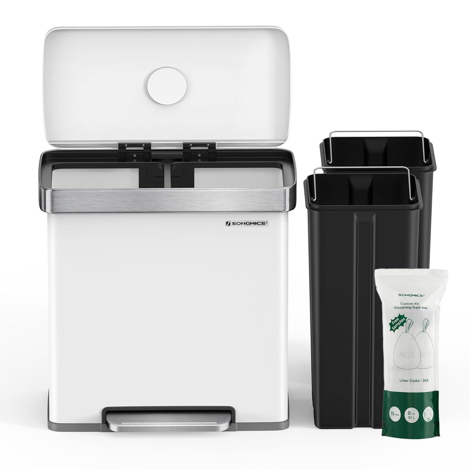 SONGMICS 16 Gallon (2 x 8 Gallon) Dual Compartment Garbage Can Trash Can  60L Pedal Recycling Bin 15 Trash Bags Included White 