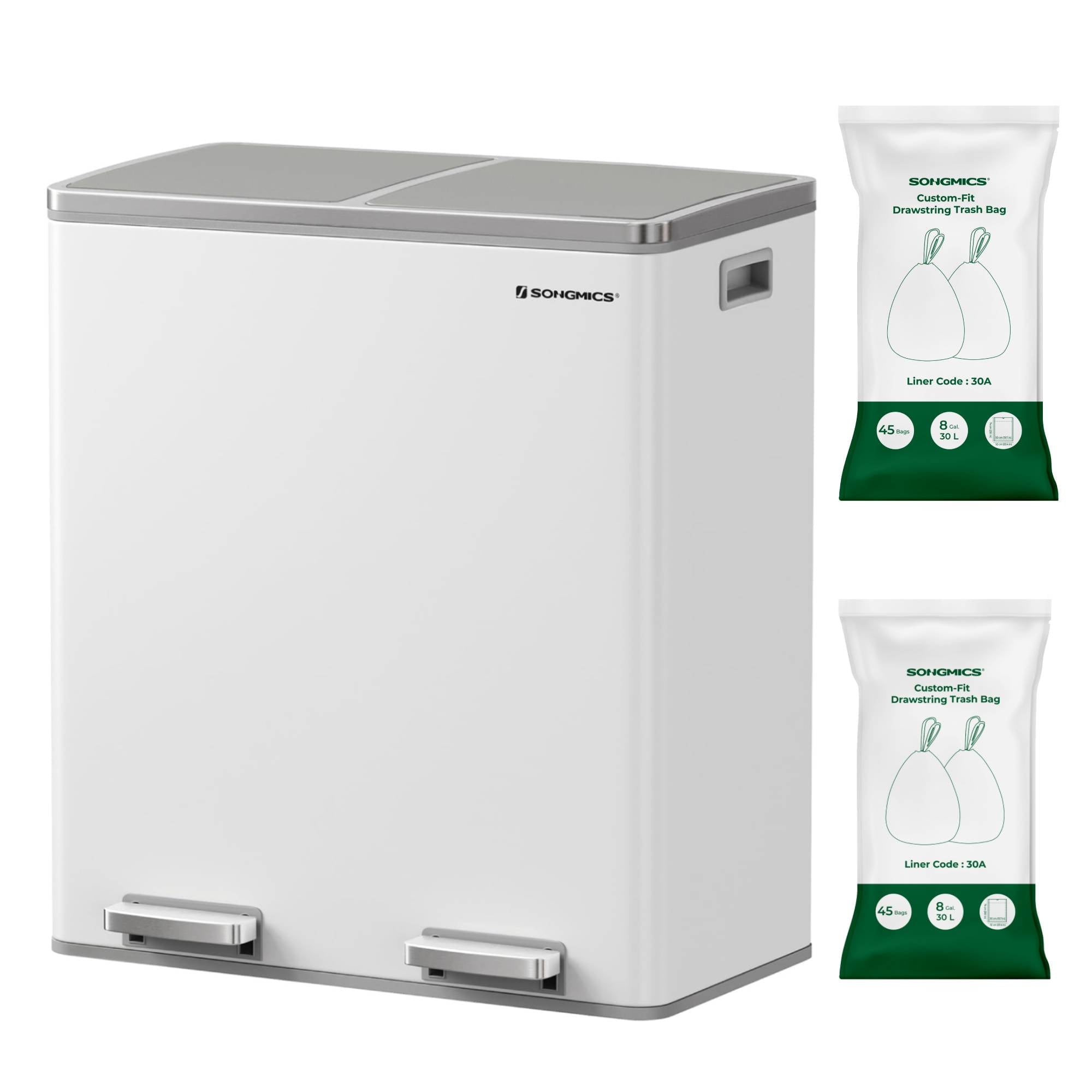 SONGMICS 16 Gallons Dual Trash Can and Trash Bags Bundle Recycling Garbage Bin with Drawstring Trash Bags White