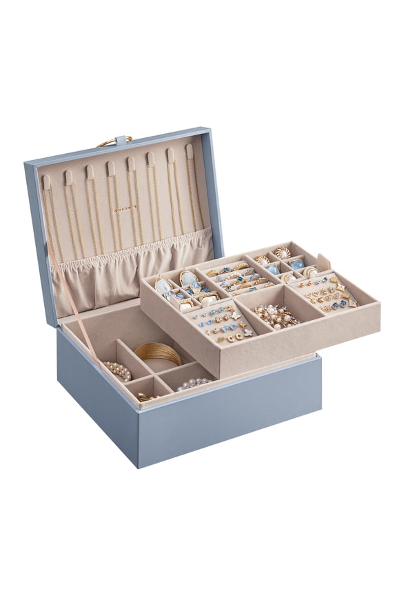 2-Layer Jewelry Box, Jewelry Organizer with Handle, Removable Jewelry Tray, Misty Blue
