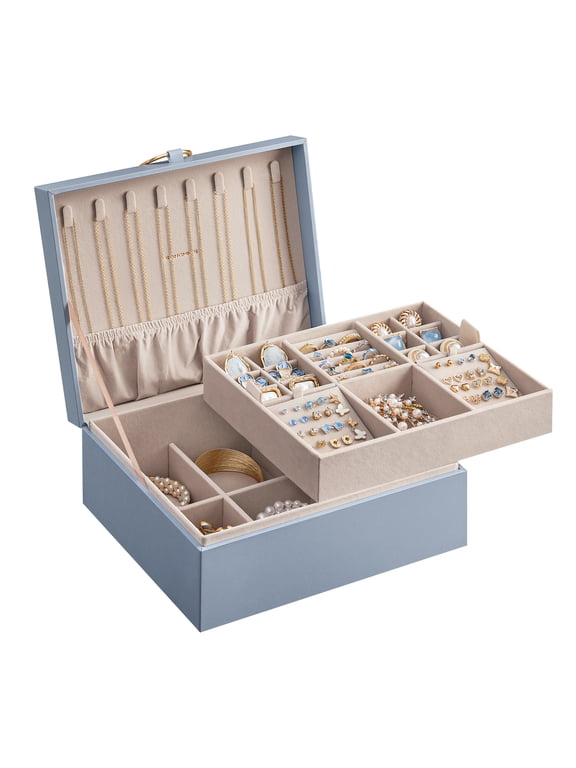 2-Layer Jewelry Box, Jewelry Organizer with Handle, Removable Jewelry Tray, Misty Blue