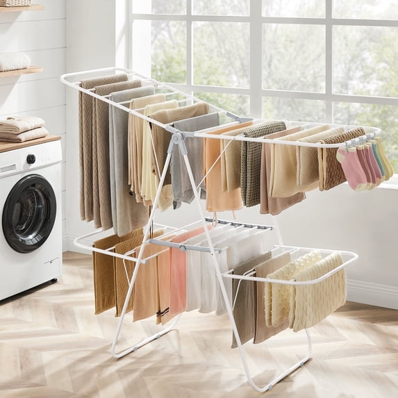 SONGMICS 2-Level Clothes Drying Rack Laundry Drying Rack with Height-Adjustable Wings 33 Drying Rails Sock Clips White and Gray