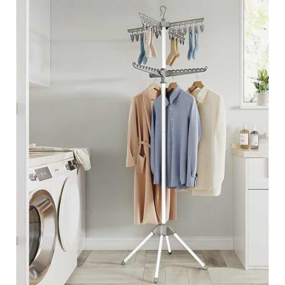 SONGMICS 2-Tier Clothes Drying Rack 72" Foldable Laundry Drying Rack with 27 Clips 3 Rotatable Arms Stainless Steel Gray and White