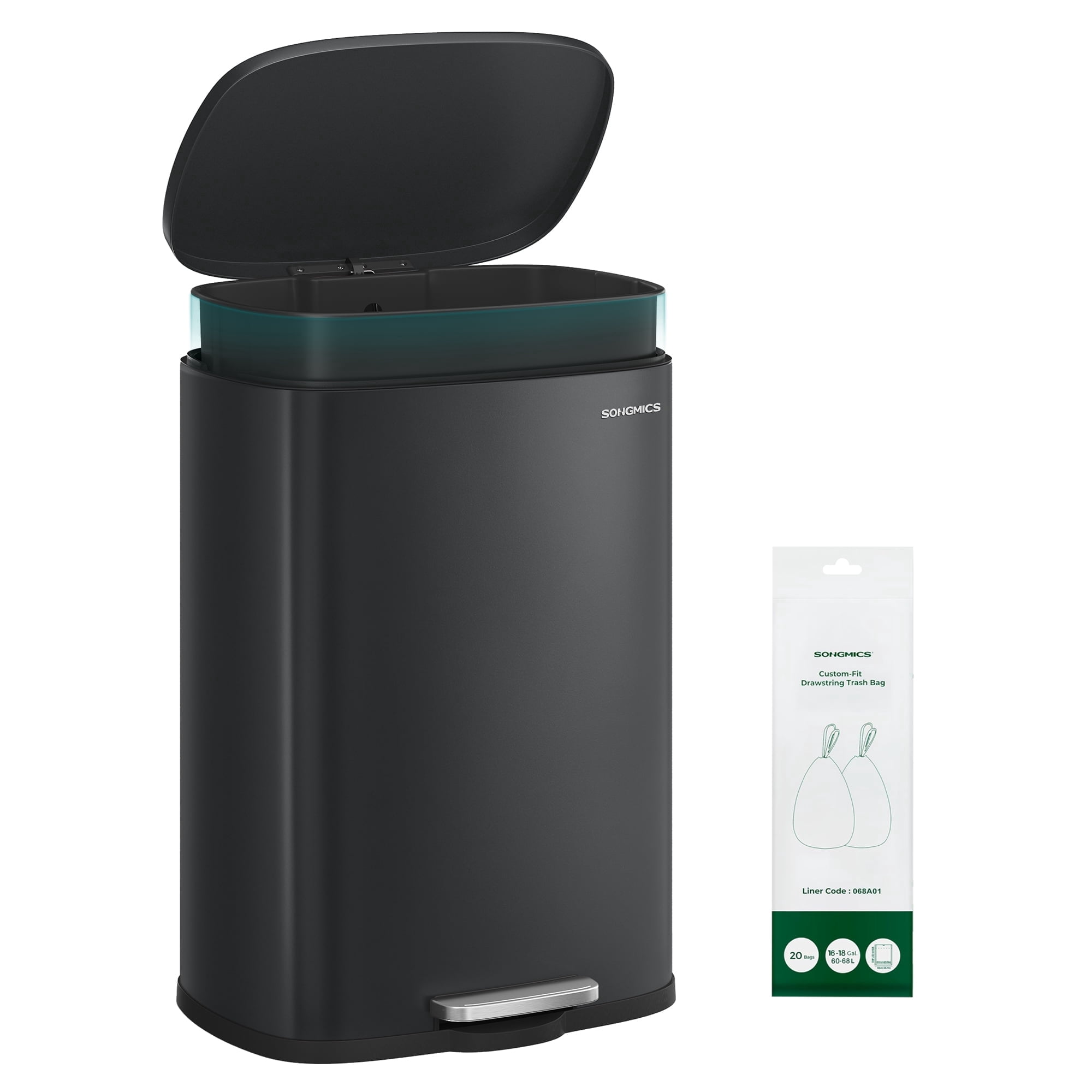 SONGMICS 20-Gallon (75 L) Trash Can, Stainless Steel Kitchen Garbage Can, Soft Close, Step-On Pedal, Removable Inner Bucket, Black