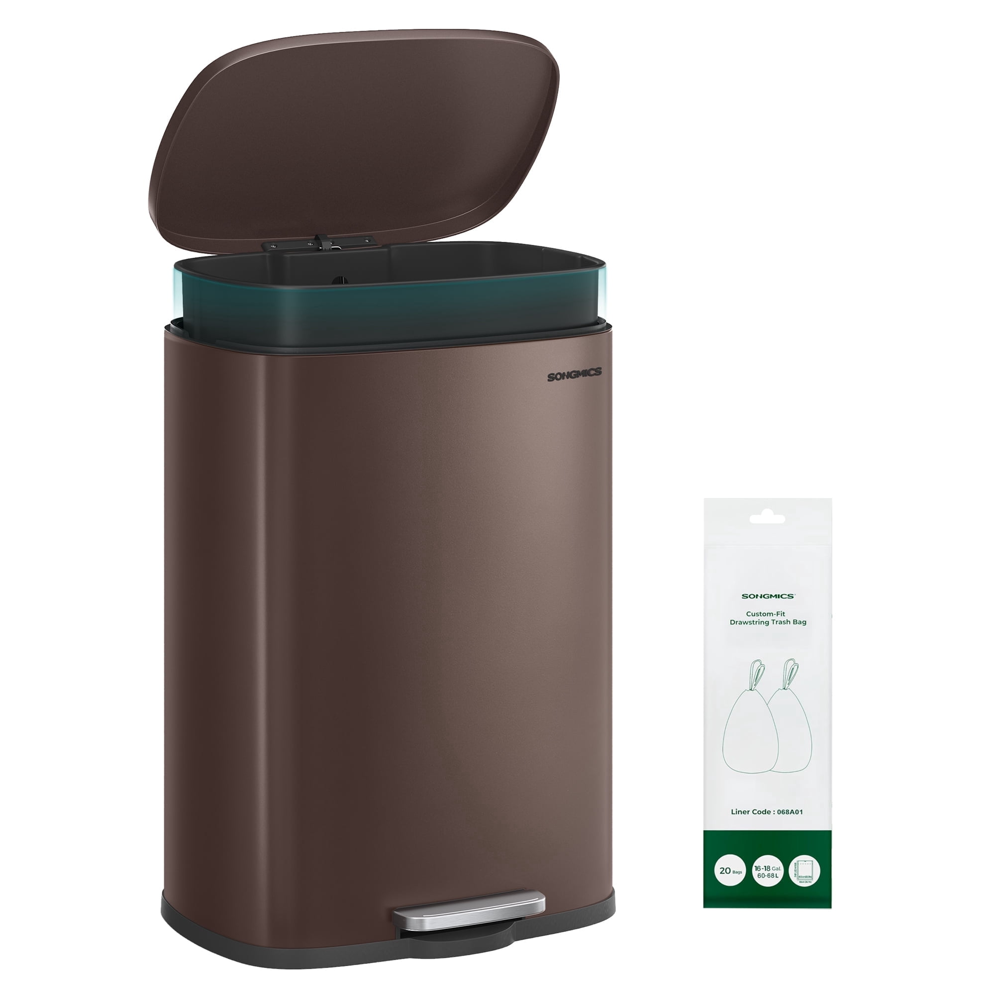 SONGMICS 20-Gallon (75 L) Trash Can, Stainless Steel Kitchen Garbage Can, Soft Close, Step-On Pedal, Removable Inner Bucket, Brown