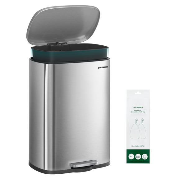SONGMICS 20-Gallon (75 L) Trash Can, Stainless Steel Kitchen Garbage Can, Soft Close, Step-On Pedal, Removable Inner Bucket, Silver