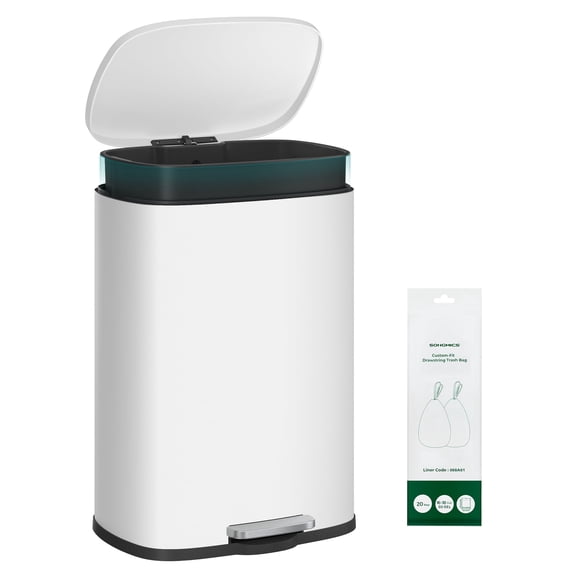 SONGMICS 20-Gallon (75 L) Trash Can, Stainless Steel Kitchen Garbage Can, Soft Close, Step-On Pedal, Removable Inner Bucket, White