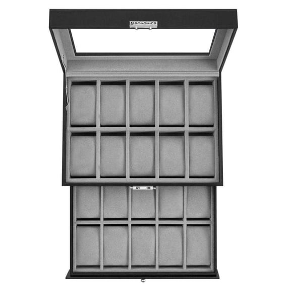 SONGMICS 20-Slot Watch Box, Watch Display Case with Glass Lid, 2 Layers, Lockable, Coffee Brown Synthetic Leather, Coffee Brown Lining
